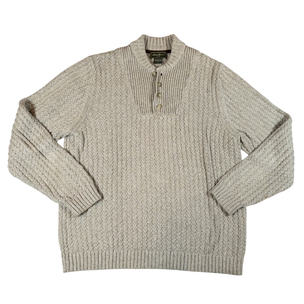 Vtg Eddie Bauer Oatmeal Beige Cotton Knit Henley Sweater Mock Neck Grandpa Sz M